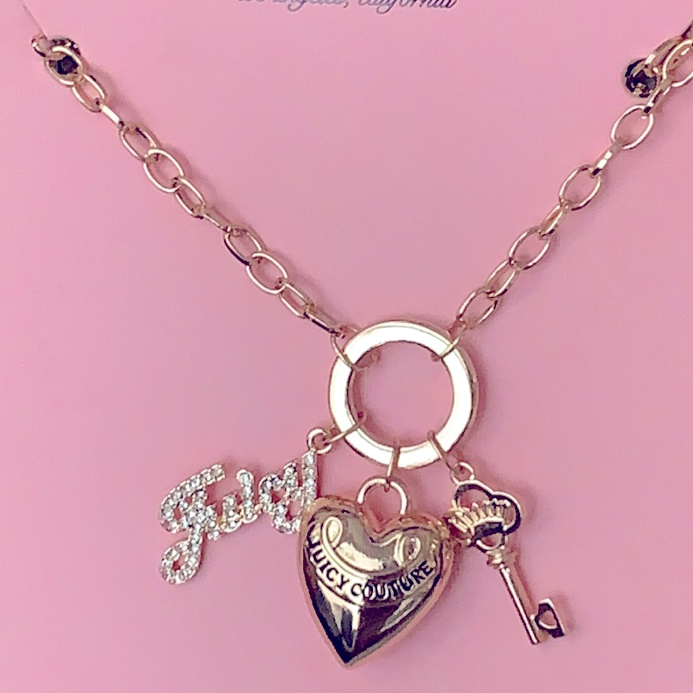 Juicy Couture Heart & key/ juicy Rhinestone necklace- Gold tone